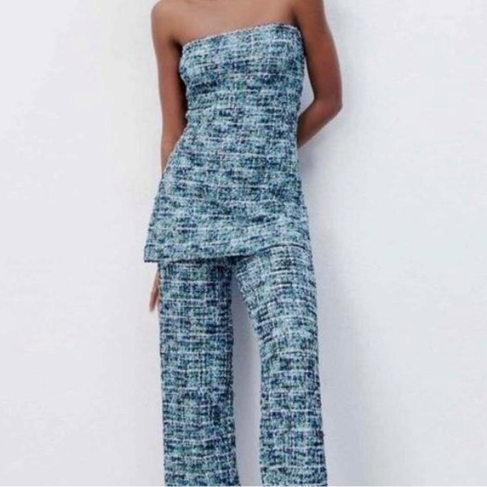 New Zara Tweed Strapless Top Tube Knitted top in Blue, Chanel-style, Wit…